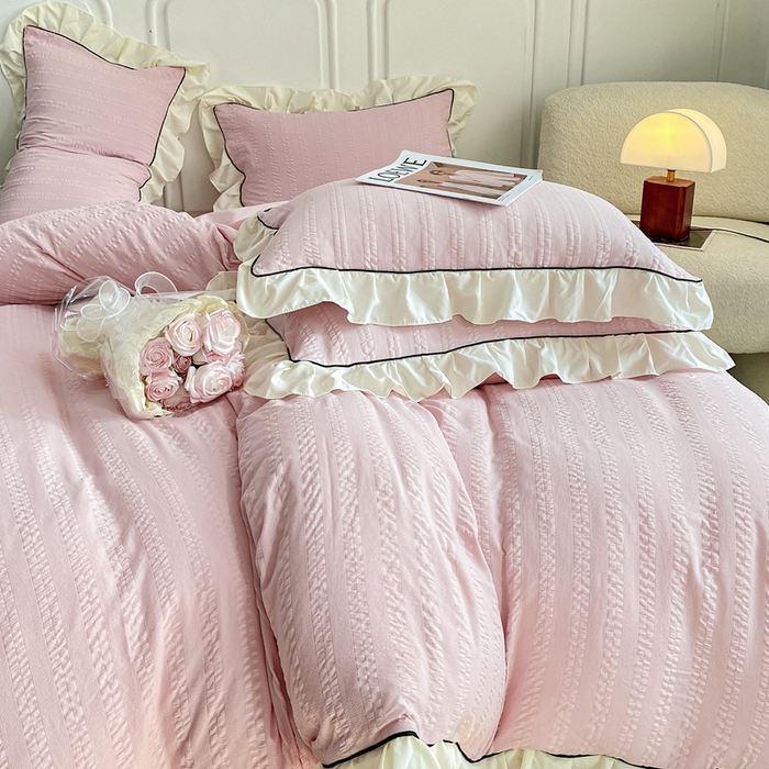 91家纺网 家纺一手货源 找家纺 大境 2024新款小提花韩版公主风小清新轻奢四件套三件套 粉豆沙