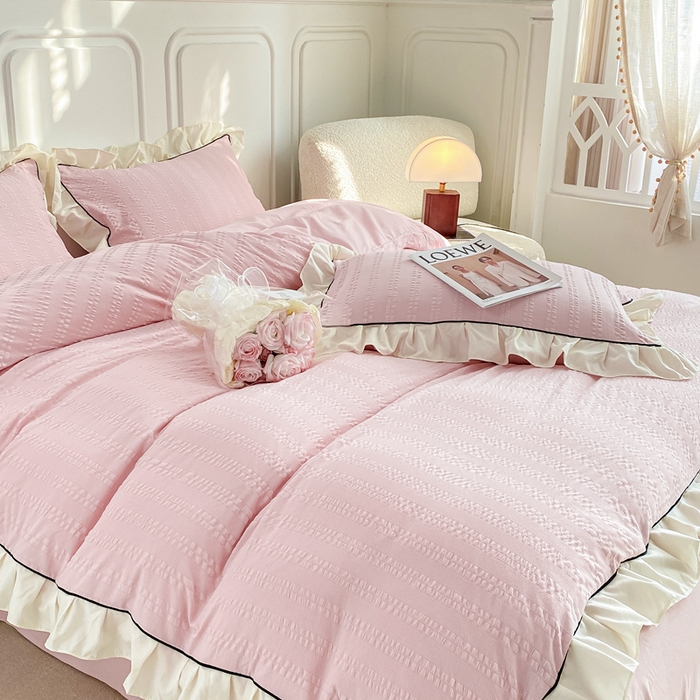 91家纺网 家纺一手货源 找家纺 大境 2024新款小提花韩版公主风小清新轻奢四件套三件套 粉豆沙