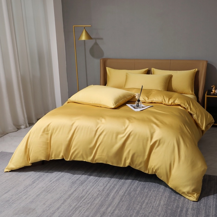 91家纺网 家纺一手货源 找家纺 晶缦家纺 2024新款100S全棉贡缎长绒棉纯色四件套和单品-纯沐系列 四件套 纯沐-玉米黄