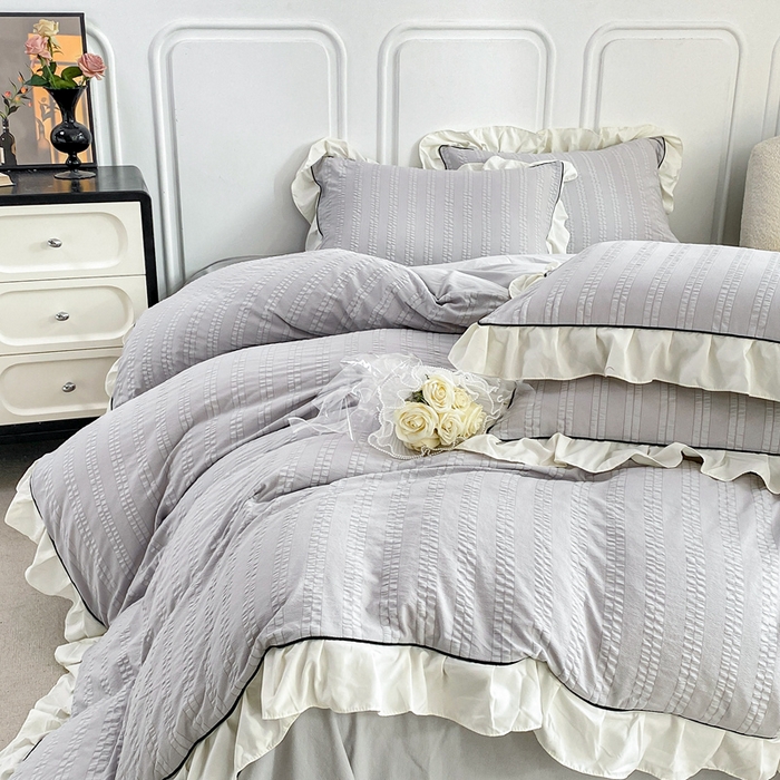 91家纺网 家纺一手货源 找家纺 大境 2024新款小提花韩版公主风小清新轻奢四件套三件套 优雅灰