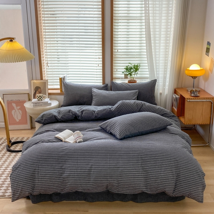 91家纺网 家纺一手货源 找家纺 蓝邻家纺 2024新款全棉色织水洗棉四件套 灰细条