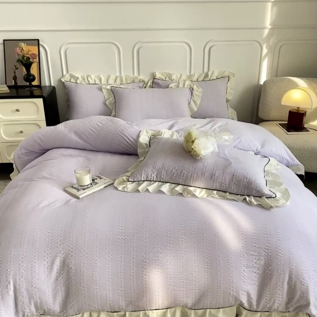 91家纺网 家纺一手货源 找家纺 大境 2024新款小提花韩版公主风小清新轻奢四件套三件套 浪漫紫