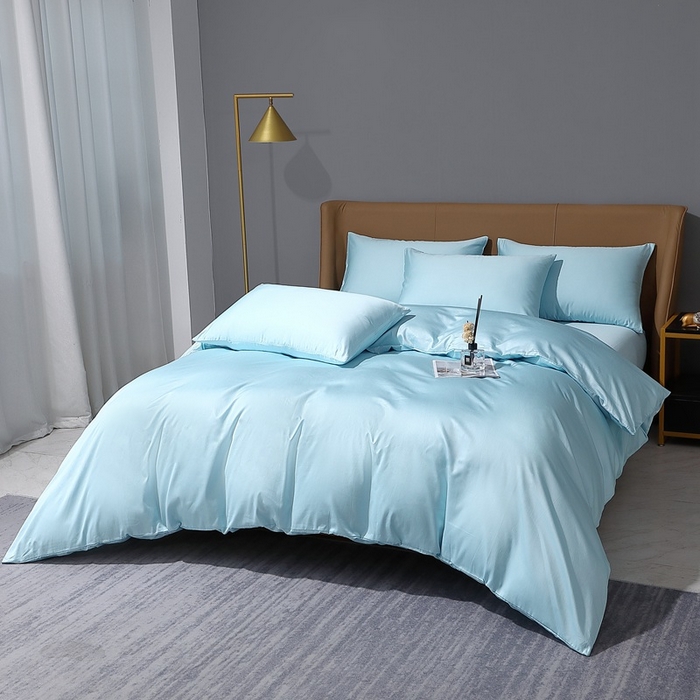 91家纺网 家纺一手货源 找家纺 晶缦家纺 2024新款100S全棉贡缎长绒棉纯色四件套和单品-纯沐系列 四件套 纯沐-浅天蓝