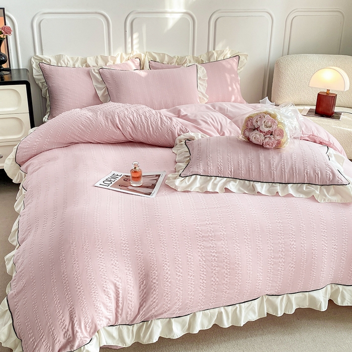 91家纺网 家纺一手货源 找家纺 大境 2024新款小提花韩版公主风小清新轻奢四件套三件套 粉豆沙