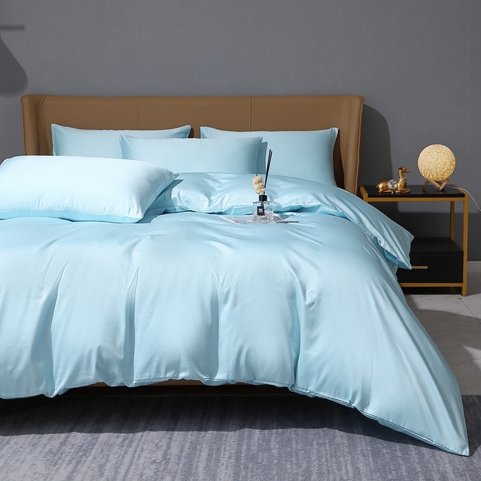 91家纺网 家纺一手货源 找家纺 晶缦家纺 2024新款100S全棉贡缎长绒棉纯色四件套和单品-纯沐系列 四件套 纯沐-浅天蓝