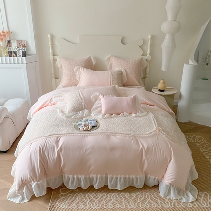 91家纺网 家纺一手货源 找家纺 （总）吾欢心 2025新款蒂芙妮雪纺蕾丝花边四件套