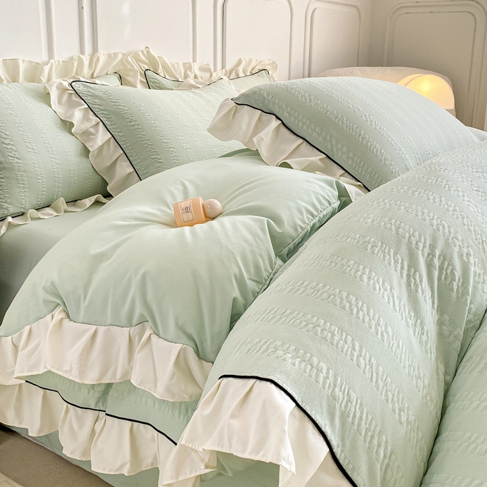 91家纺网 家纺一手货源 找家纺 大境 2024新款小提花韩版公主风小清新轻奢四件套三件套 香草绿