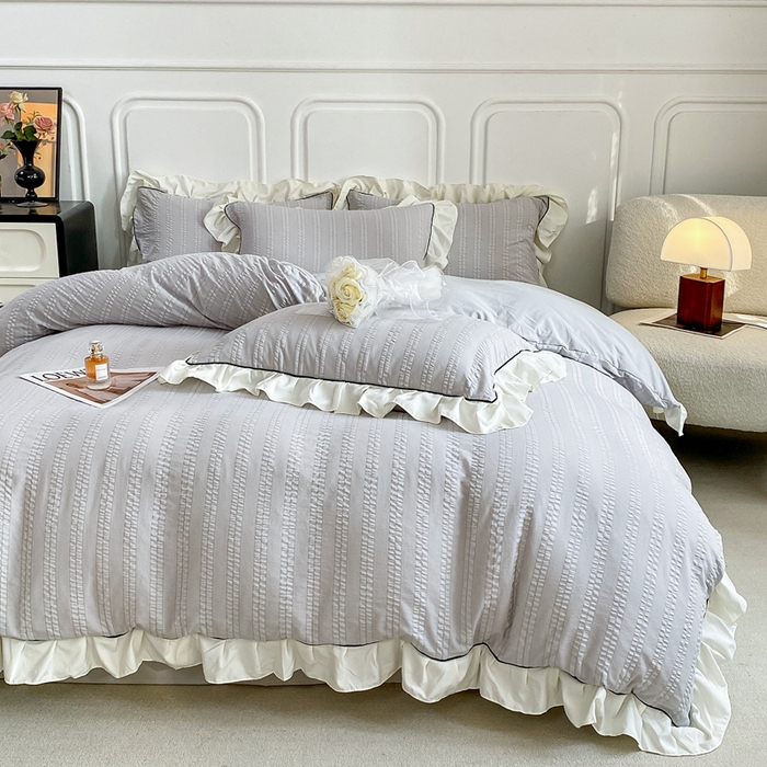 91家纺网 家纺一手货源 找家纺 大境 2024新款小提花韩版公主风小清新轻奢四件套三件套 优雅灰