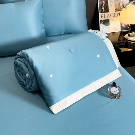典冠 2024爆款天丝刺绣漫天爱心工艺款大豆夏被四件套空调被夏凉被 湖蓝