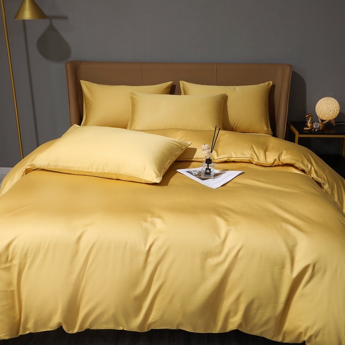 91家纺网 家纺一手货源 找家纺 晶缦家纺 2024新款100S全棉贡缎长绒棉纯色四件套和单品-纯沐系列 四件套 纯沐-玉米黄