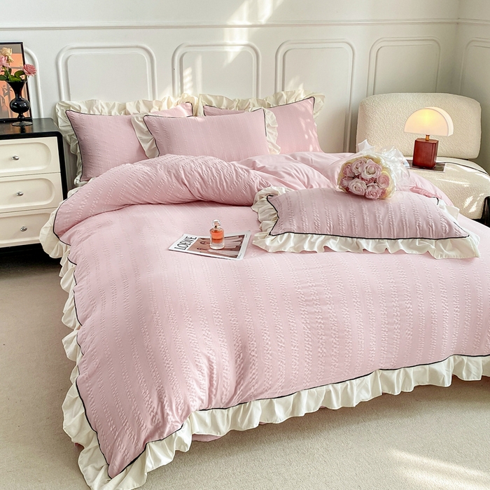 91家纺网 家纺一手货源 找家纺 大境 2024新款小提花韩版公主风小清新轻奢四件套三件套 粉豆沙