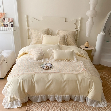 91家纺网 家纺一手货源 找家纺 吾欢心 2025新款蒂芙妮雪纺蕾丝花边四件套 蒂芙尼黄