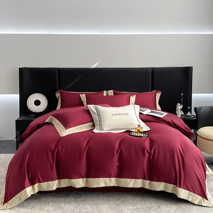 91家纺网 家纺一手货源 找家纺 （总） 2025新款50S长绒棉纯色撞色简约拼角款四件套-洛斐