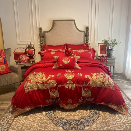 91家纺网 家纺一手货源 找家纺 佳汐蓝 2024新款爱慕系列全棉婚庆款四件套 囍 妝