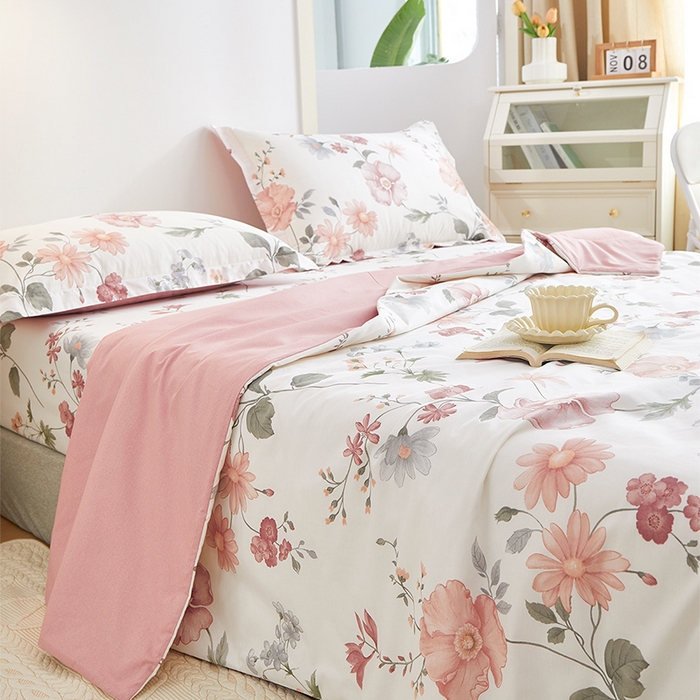 91家纺网 家纺一手货源 找家纺 元元被芯 2024新款全棉小清新夏被四件套-单夏被 莫兰朵-粉