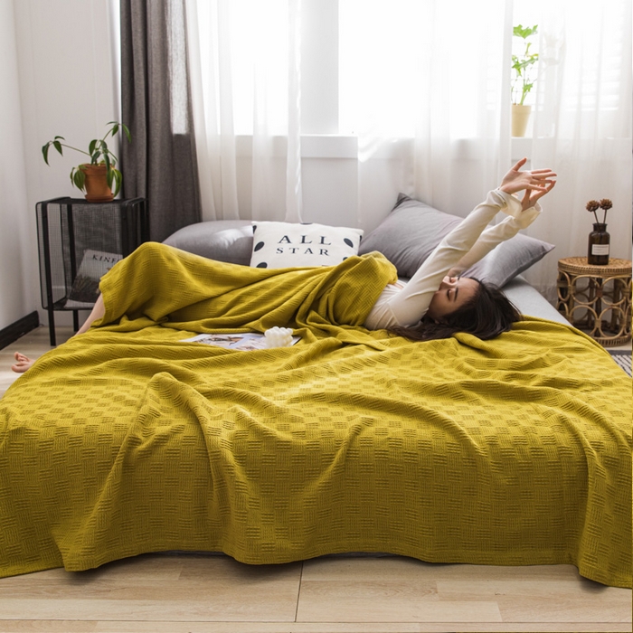 91家纺网 家纺一手货源 找家纺 朴尔家纺-毛巾被 2024新款加厚纯色线毯纱布毛巾被 素色纯棉肌理线毯-深黄