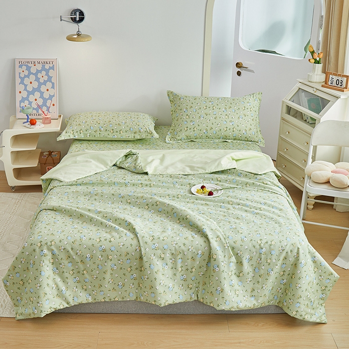 91家纺网 家纺一手货源 找家纺 元元被芯 2024新款全棉小清新夏被四件套-单夏被 韩式清新-绿