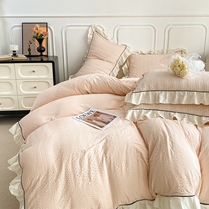 91家纺网 家纺一手货源 找家纺 大境 2024新款小提花韩版公主风小清新轻奢四件套三件套 玉色