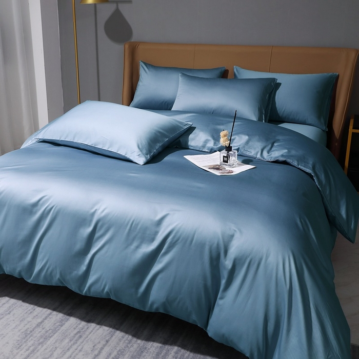 91家纺网 家纺一手货源 找家纺 晶缦家纺 2024新款100S全棉贡缎长绒棉纯色四件套和单品-纯沐系列 四件套 纯沐-天青蓝