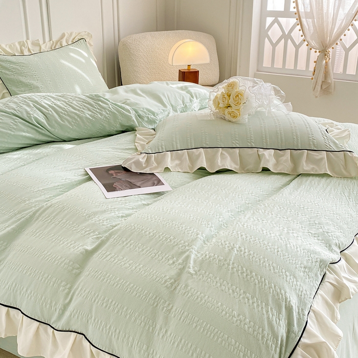 91家纺网 家纺一手货源 找家纺 大境 2024新款小提花韩版公主风小清新轻奢四件套三件套 香草绿