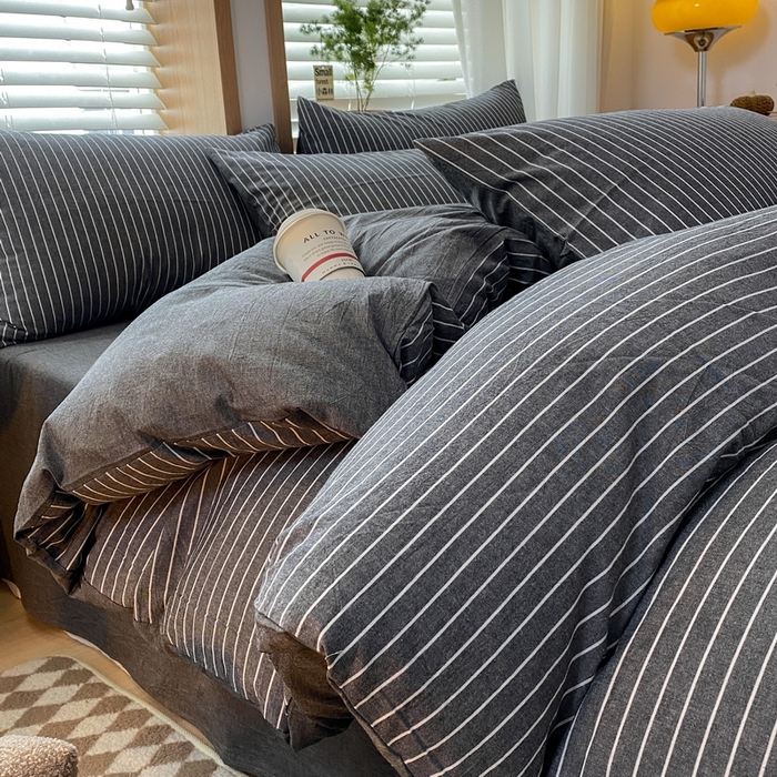 91家纺网 家纺一手货源 找家纺 蓝邻家纺 2024新款全棉色织水洗棉四件套 灰细条