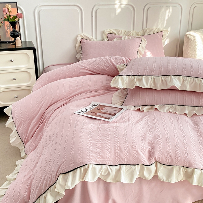 91家纺网 家纺一手货源 找家纺 大境 2024新款小提花韩版公主风小清新轻奢四件套三件套 粉豆沙