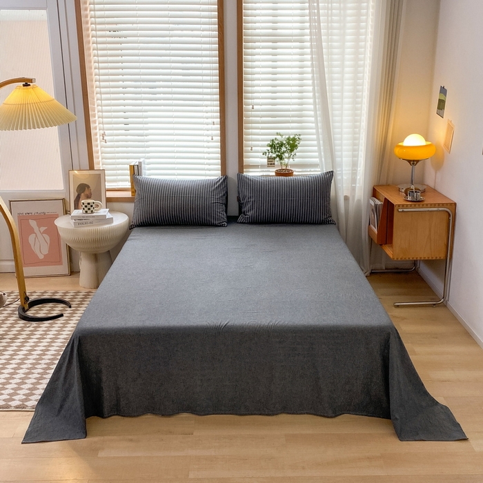 91家纺网 家纺一手货源 找家纺 蓝邻家纺 2024新款全棉色织水洗棉四件套 灰细条