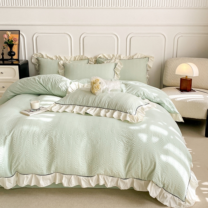 91家纺网 家纺一手货源 找家纺 大境 2024新款小提花韩版公主风小清新轻奢四件套三件套 香草绿