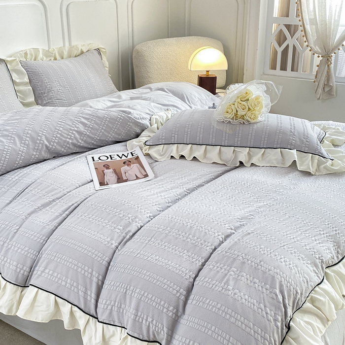 91家纺网 家纺一手货源 找家纺 大境 2024新款小提花韩版公主风小清新轻奢四件套三件套 优雅灰