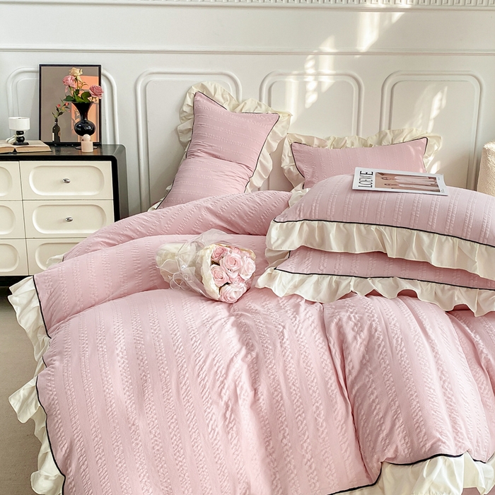 91家纺网 家纺一手货源 找家纺 大境 2024新款小提花韩版公主风小清新轻奢四件套三件套 粉豆沙