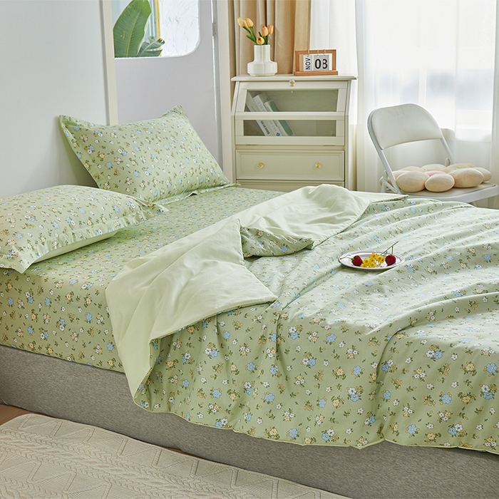 91家纺网 家纺一手货源 找家纺 元元被芯 2024新款全棉小清新夏被四件套-单夏被 韩式清新-绿