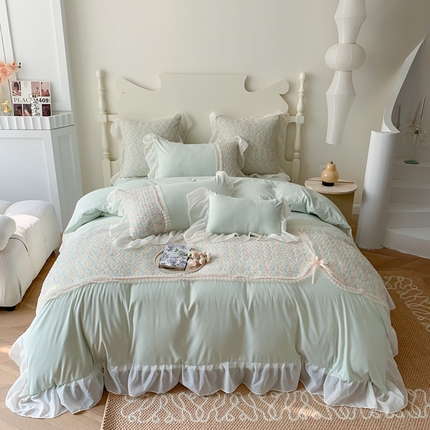 91家纺网 家纺一手货源 找家纺 吾欢心 2025新款蒂芙妮雪纺蕾丝花边四件套 蒂芙尼绿