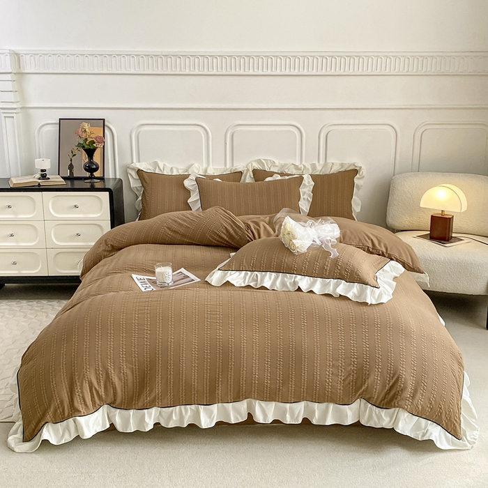 91家纺网 家纺一手货源 找家纺 大境 2024新款小提花韩版公主风小清新轻奢四件套三件套 美拉德棕