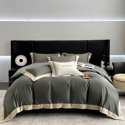 91家纺网 家纺一手货源 找家纺 （总） 2025新款50S长绒棉纯色撞色简约拼角款四件套-洛斐