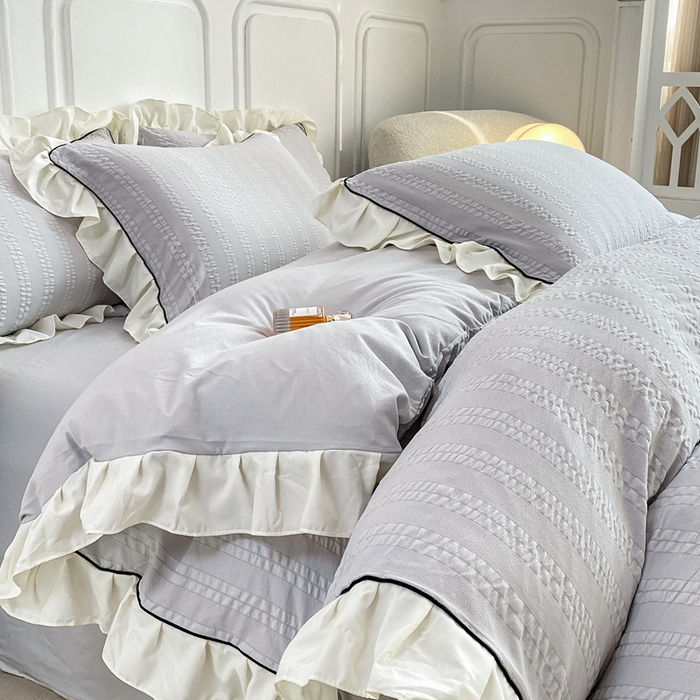 91家纺网 家纺一手货源 找家纺 大境 2024新款小提花韩版公主风小清新轻奢四件套三件套 优雅灰