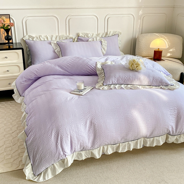 91家纺网 家纺一手货源 找家纺 大境 2024新款小提花韩版公主风小清新轻奢四件套三件套 浪漫紫