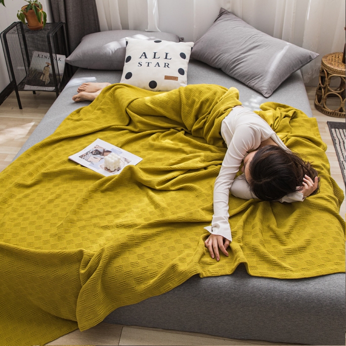 91家纺网 家纺一手货源 找家纺 朴尔家纺-毛巾被 2024新款加厚纯色线毯纱布毛巾被 素色纯棉肌理线毯-深黄
