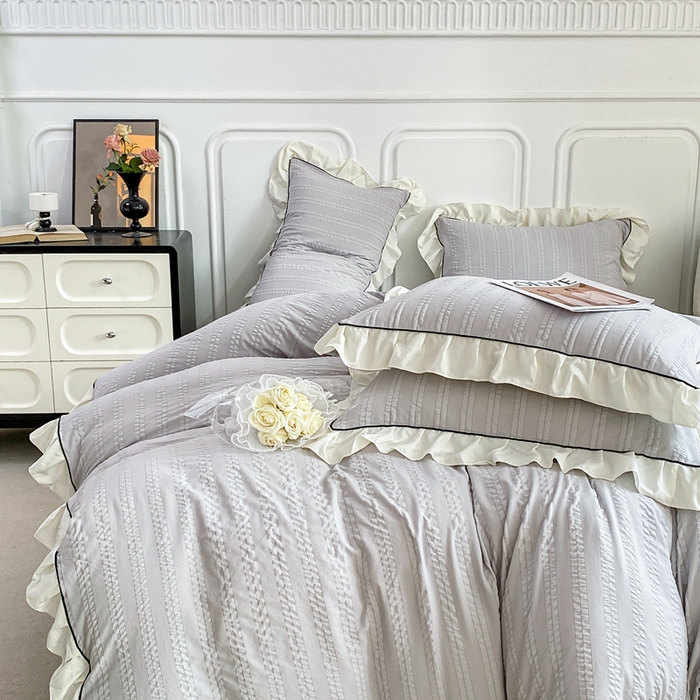 91家纺网 家纺一手货源 找家纺 大境 2024新款小提花韩版公主风小清新轻奢四件套三件套 优雅灰