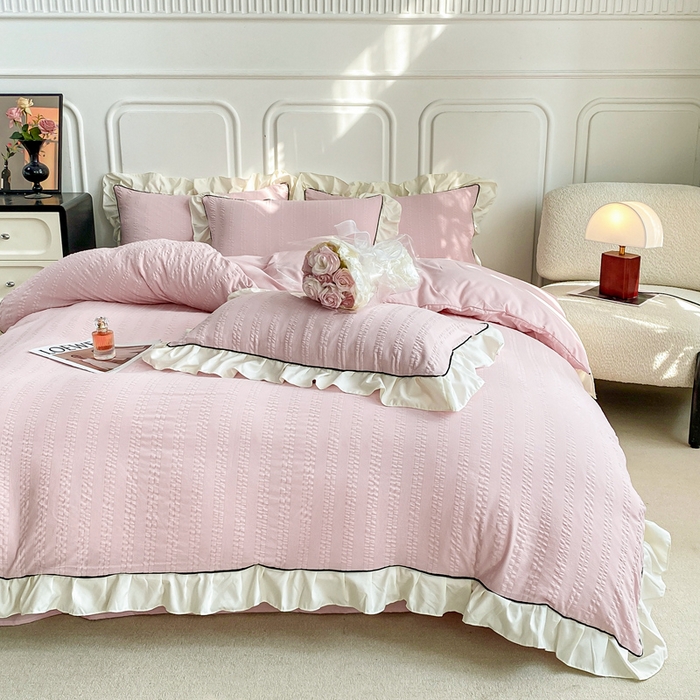 91家纺网 家纺一手货源 找家纺 大境 2024新款小提花韩版公主风小清新轻奢四件套三件套 粉豆沙