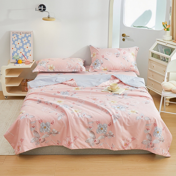 91家纺网 家纺一手货源 找家纺 元元被芯 2024新款全棉小清新夏被四件套-单夏被 花之绚烂-粉