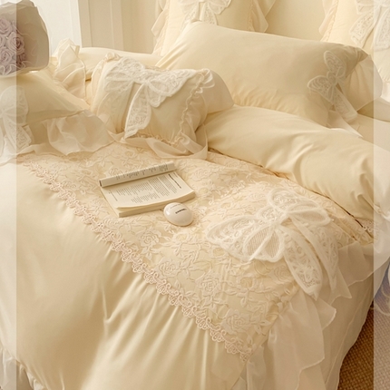 91家纺网 家纺一手货源 找家纺 吾欢心 2025新款蝴蝶仙子蕾丝花边四件套 蝴蝶仙子黄