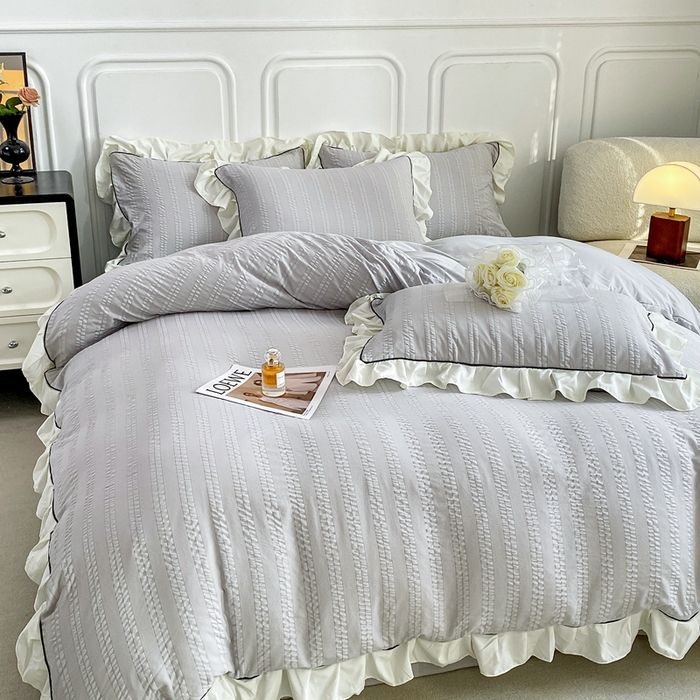 91家纺网 家纺一手货源 找家纺 大境 2024新款小提花韩版公主风小清新轻奢四件套三件套 优雅灰