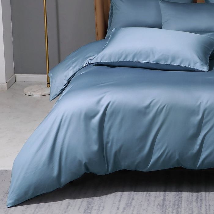 91家纺网 家纺一手货源 找家纺 晶缦家纺 2024新款100S全棉贡缎长绒棉纯色四件套和单品-纯沐系列 四件套 纯沐-天青蓝