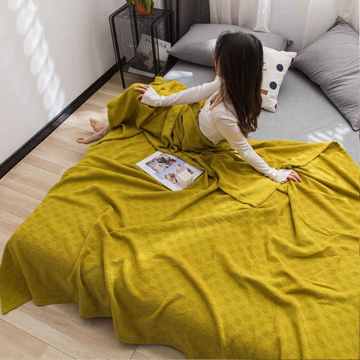 91家纺网 家纺一手货源 找家纺 朴尔家纺-毛巾被 2024新款加厚纯色线毯纱布毛巾被 素色纯棉肌理线毯-深黄