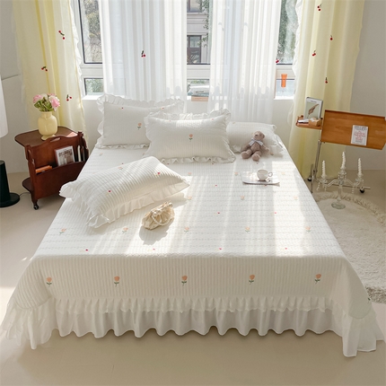 宜凡家纺 2024新款全棉夹棉绣花花边系列床盖三件套 玫瑰佳人-奶白