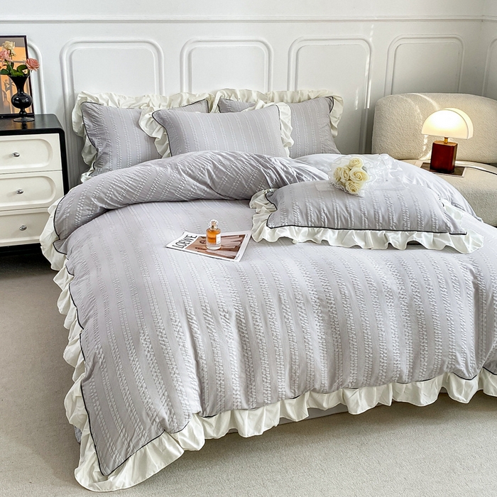 91家纺网 家纺一手货源 找家纺 大境 2024新款小提花韩版公主风小清新轻奢四件套三件套 优雅灰