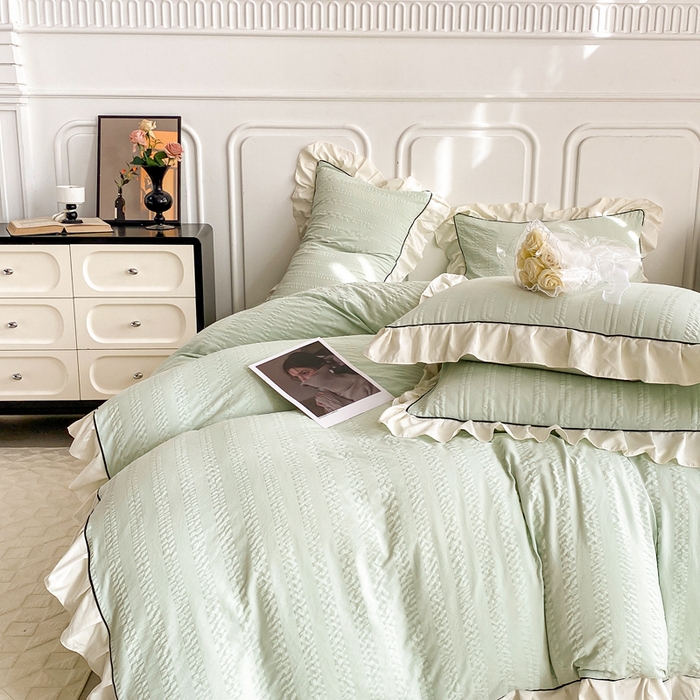 91家纺网 家纺一手货源 找家纺 大境 2024新款小提花韩版公主风小清新轻奢四件套三件套 香草绿