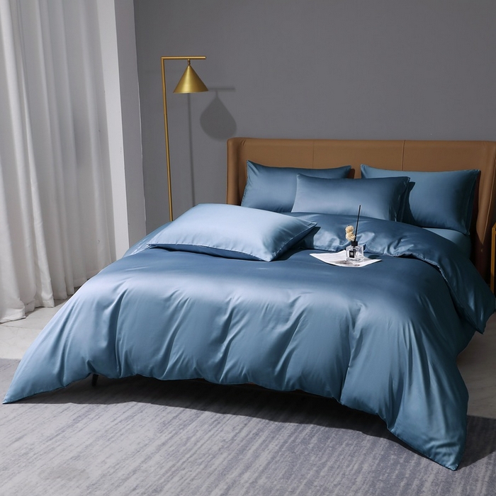 91家纺网 家纺一手货源 找家纺 晶缦家纺 2024新款100S全棉贡缎长绒棉纯色四件套和单品-纯沐系列 四件套 纯沐-天青蓝