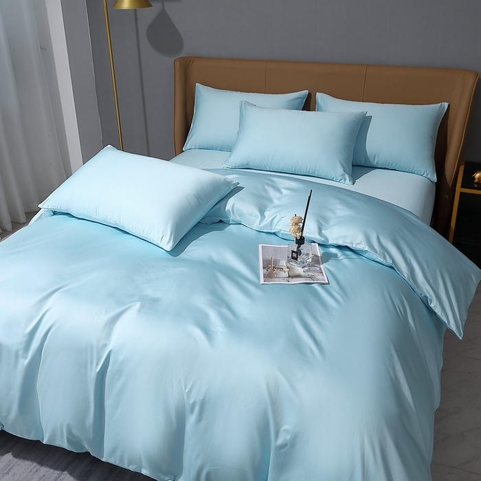 91家纺网 家纺一手货源 找家纺 晶缦家纺 2024新款100S全棉贡缎长绒棉纯色四件套和单品-纯沐系列 四件套 纯沐-浅天蓝