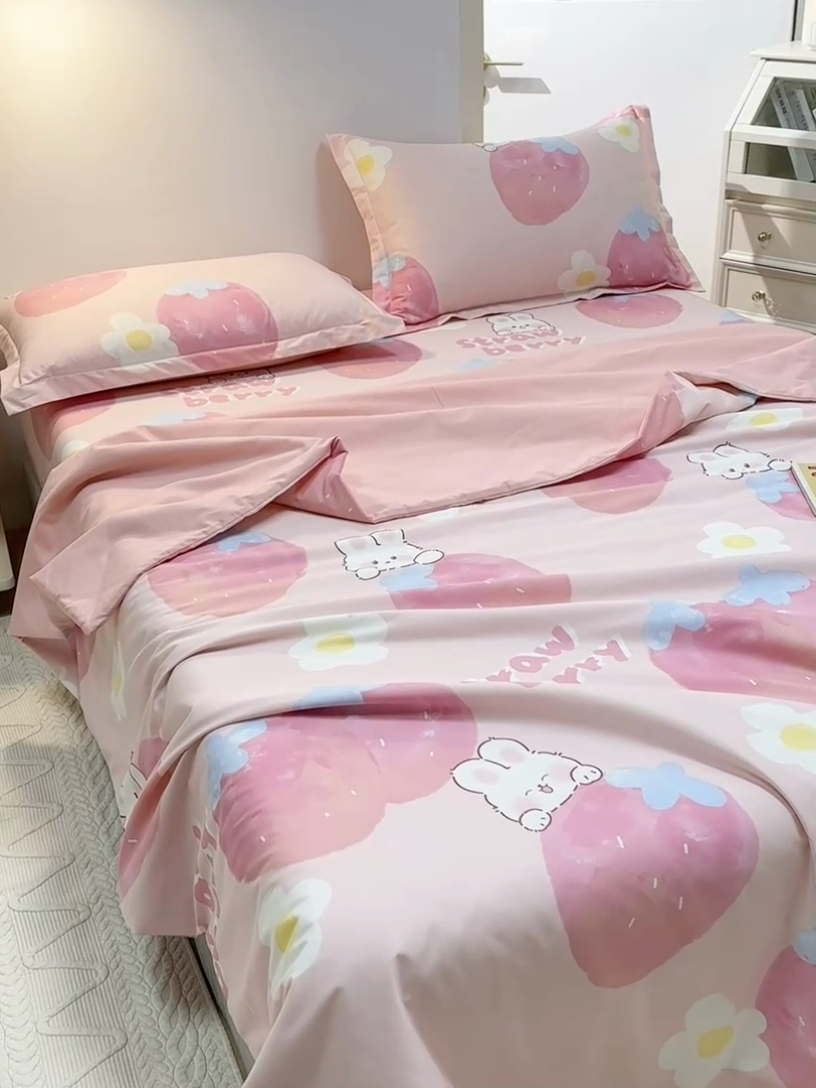 91家纺网 家纺一手货源 找家纺 元元被芯 2024新款全棉小清新夏被四件套-全棉夏被四件套 哈尼-粉